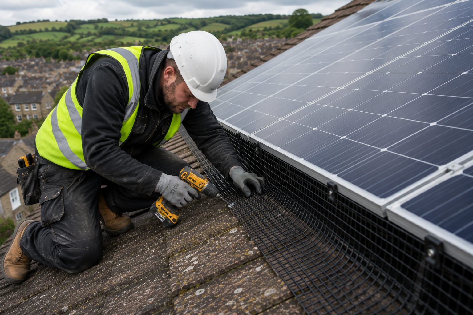 Solar panels with bird-proofing mesh fitted around the perimeter