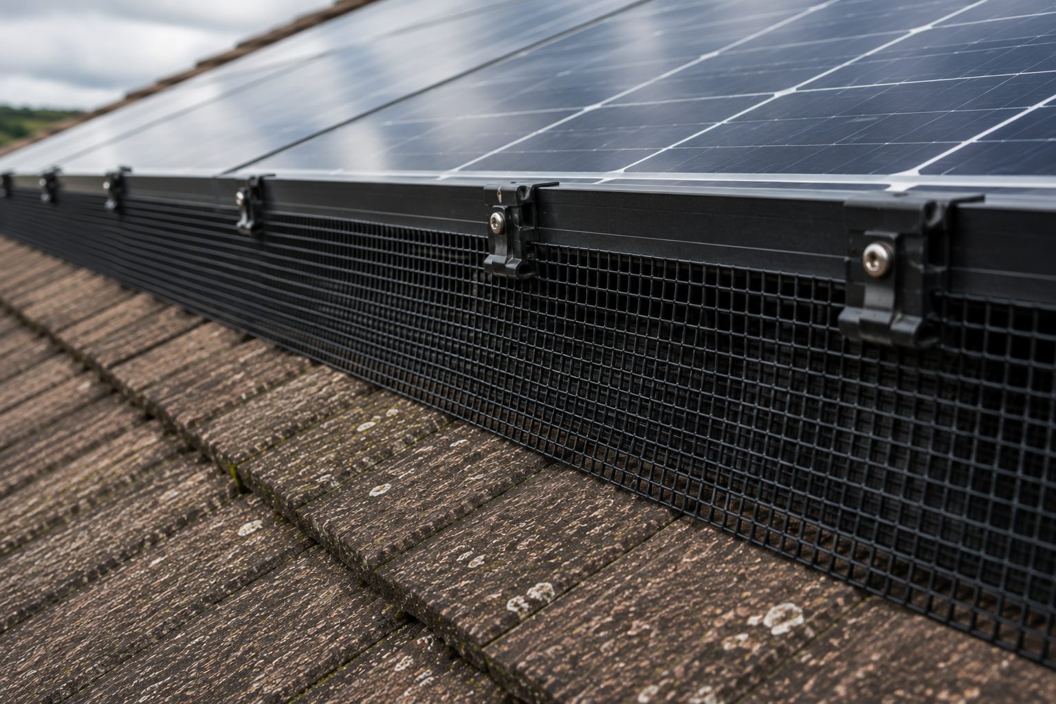 Close-up of solar panel mesh installation